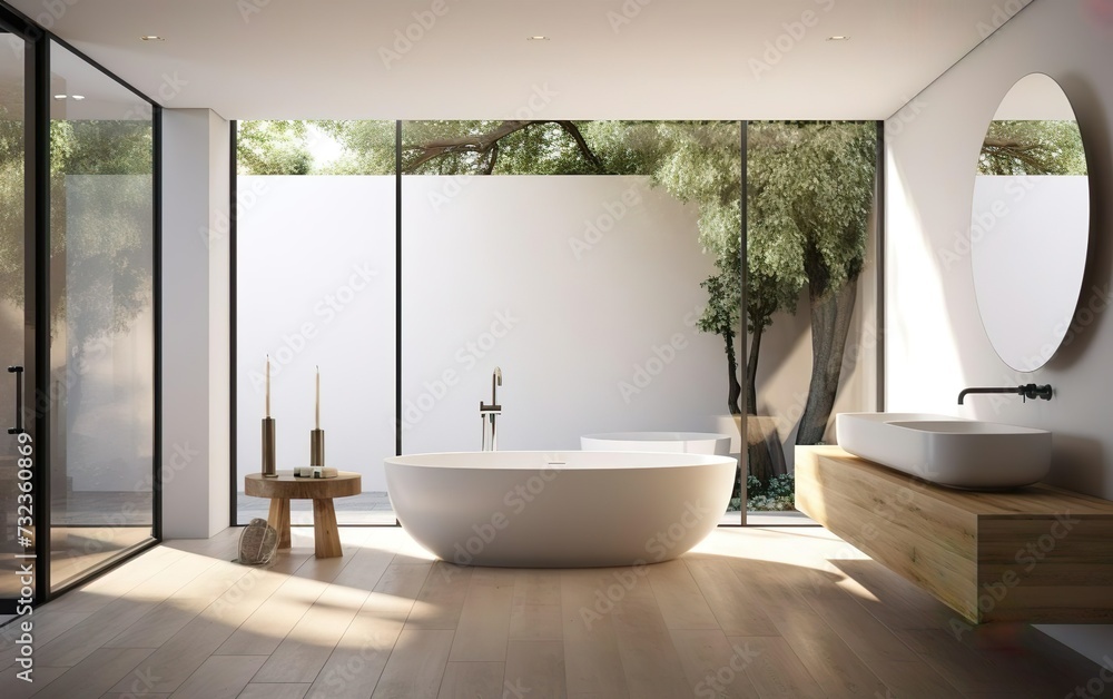 Modern design. Chic and minimalist bathroom with a standalone tub, a large mirror and clean white fixtures. Natural materials, calm and simple interior design. AI Generative. Modern design. Chic and minimalist bathroom with a standalone tub, a large mirror and clean white fixtures. Natural materials, calm and simple interior design. AI Generative.