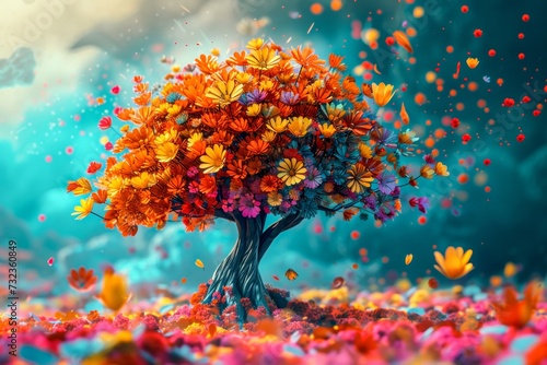 A vibrant coral reef of blooming orange flowers adorns the lush green branches of a majestic outdoor tree, painting a picturesque scene of natural beauty © Radomir Jovanovic