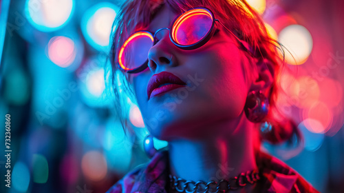 Woman with glasses reflecting neon lights.