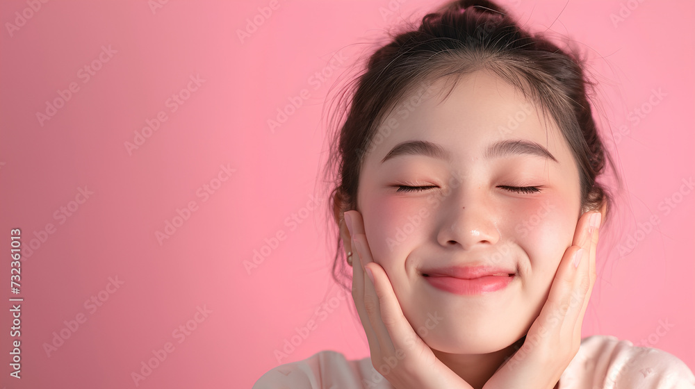 Happy romantic Asian girl waiting for a surprise, with closed eyes and a smiling Isolated on a pink background Happy romantic Asian girl waiting for a surprise, with closed eyes and a smiling Isolated on a pink background