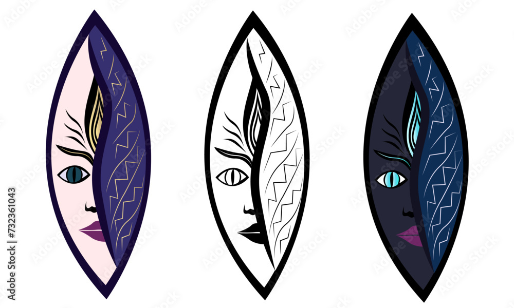 Shakti mask. Goddess of Strength, Divine Mother of the Universe in the form of the face of a beautiful girl in black and white and color, with her face covered. Vector art illustration. Shakti mask. Goddess of Strength, Divine Mother of the Universe in the form of the face of a beautiful girl in black and white and color, with her face covered. Vector art illustration.