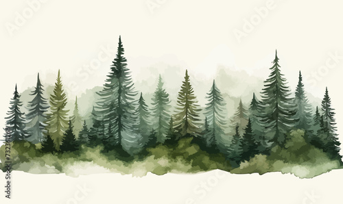 Watercolor mountains spruce trees landscape border, isolated hand drawn, watercolor illustration transparent background photo