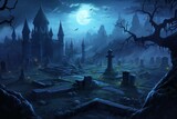 Necromancer cemetery dark background. Skull night. Generate Ai