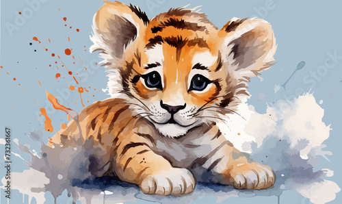 Watercolor illustration tiger cub lion cub stains splashes, children's cute cartoon room decor, photo wallpaper, print, poster, wall painting