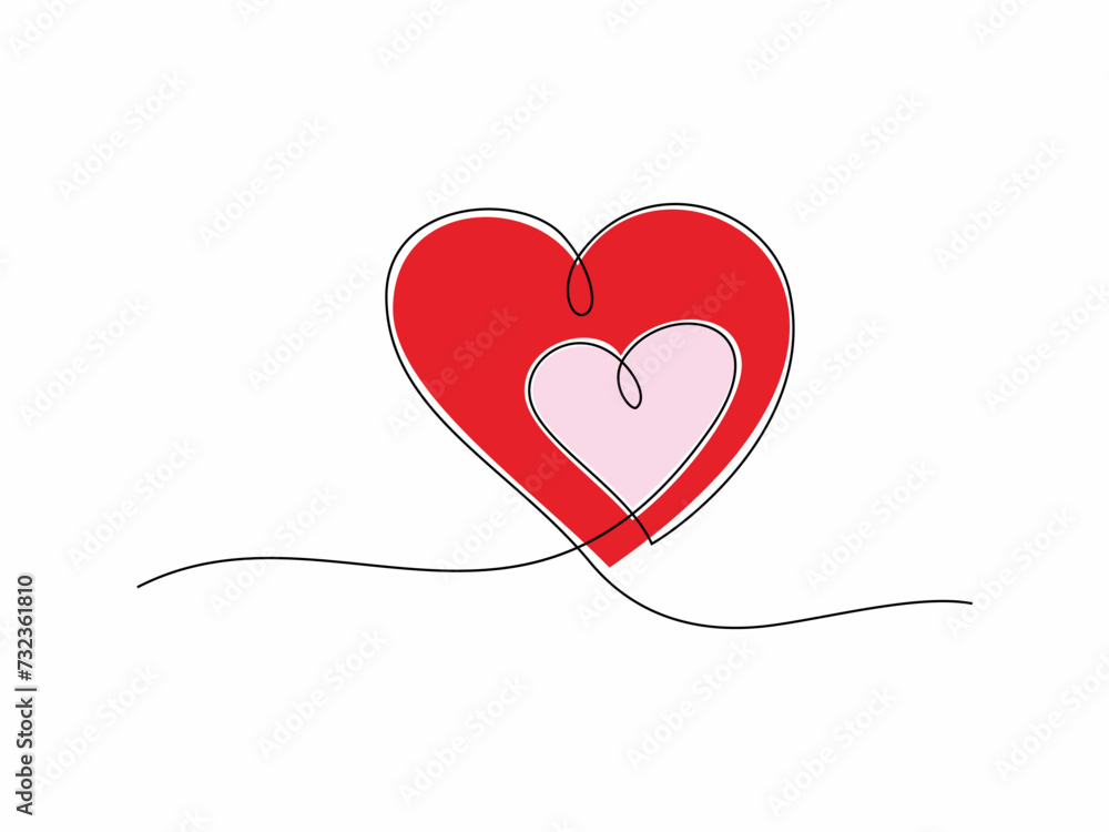 Two hearts. Romantic continuous one line drawing connecting two hearts with watercolor spot,  minimalist design vector concept.
