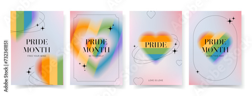 Set of trendy aesthetic posters for Pride Month. Blurry gradient posters of Pride Month with LGBTQ Flag Colours. Human rights and tolerance concept. Trendy minimalist Y2k style vector illustration.