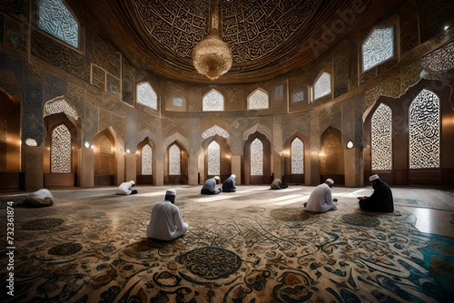  A peaceful scene of worshipers performing  taraweeh prayers in a mosque adorned  photo