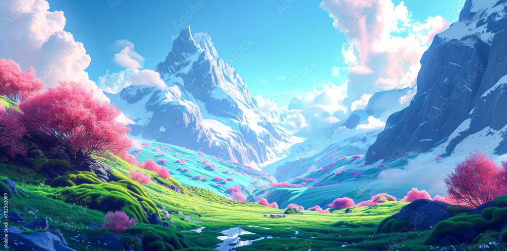 A serene painting capturing the majesty of a snow-capped mountain amidst a sea of pink flowers, set against a backdrop of wispy clouds and lush green grass
