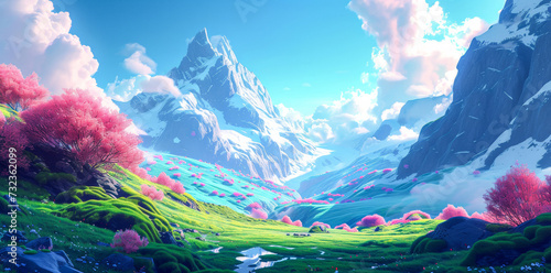 A serene painting capturing the majesty of a snow-capped mountain amidst a sea of pink flowers, set against a backdrop of wispy clouds and lush green grass © Radomir Jovanovic