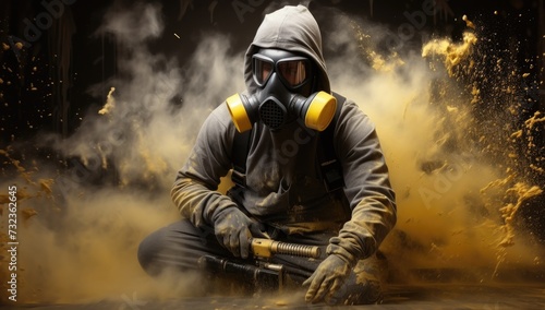 Man in radiation-proof suit applies spray for decontamination. © Murda