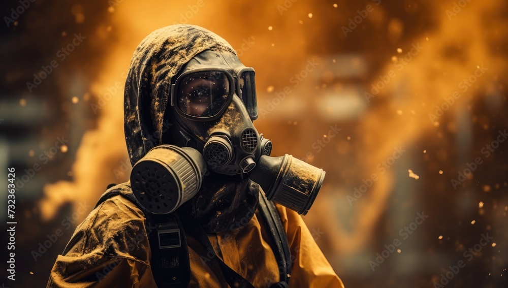 Hazmat worker in protective gear sprays radiation-contaminated area. Hazmat worker in protective gear sprays radiation-contaminated area.