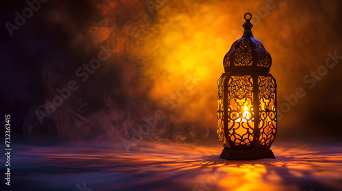 Moroccan lantern with burning glowing candle. decorative shadows. festive greeting card, Space for text