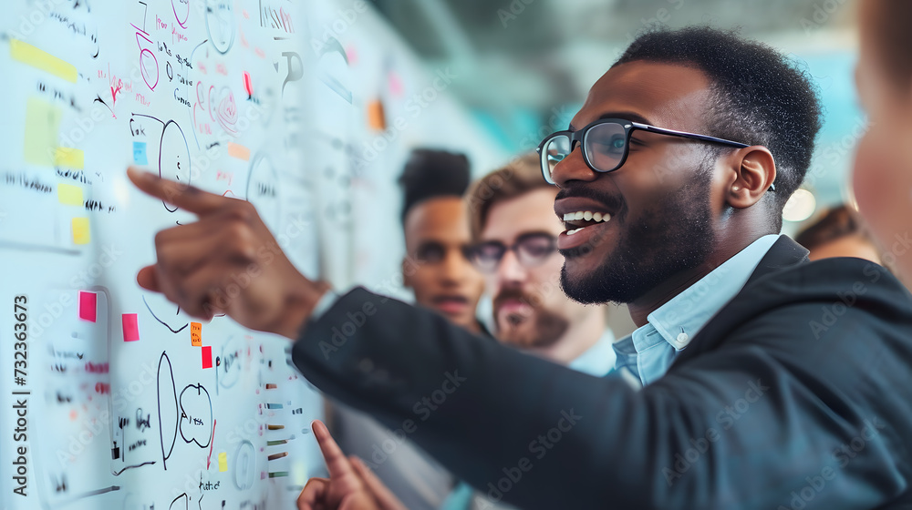 a group of young business people are gathered around a whiteboard. a group of young business people are gathered around a whiteboard.