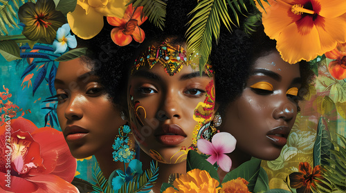 three women with colorful makeup and flowers in their hair. They are surrounded by a variety of tropical plants and flowers
