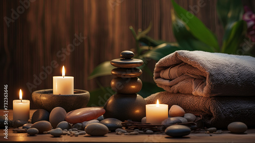 Relaxing calm spa atmosphere with curled dark towels  smooth gray stones and softly lit candles