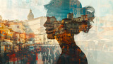 A woman's profile is superimposed over a cityscape, with a crowd of people walking down a street.