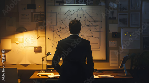 A man stands in a dark room with the walls covered with diagrams and blueprints.