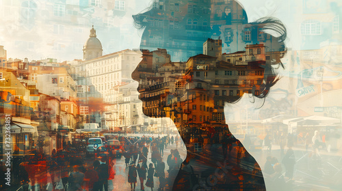 A woman's profile is superimposed over a cityscape, with a crowd of people walking down a street. photo