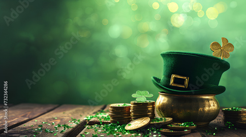 Pot of gold coins, hat, and clover on wooden table against a green background, Space for text