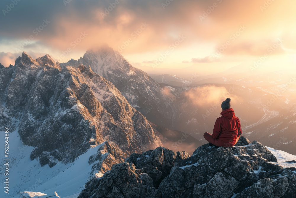 Person in red jacket sitting on mountain peak at sunrise, overlooking majestic snowy mountain range. Person in red jacket sitting on mountain peak at sunrise, overlooking majestic snowy mountain range.