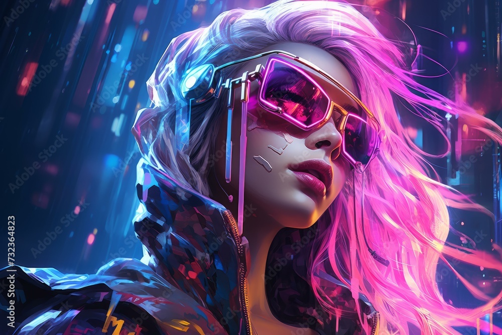 Neon cyberpunk woman. Digital gamer. Fictional person. Generate Ai
