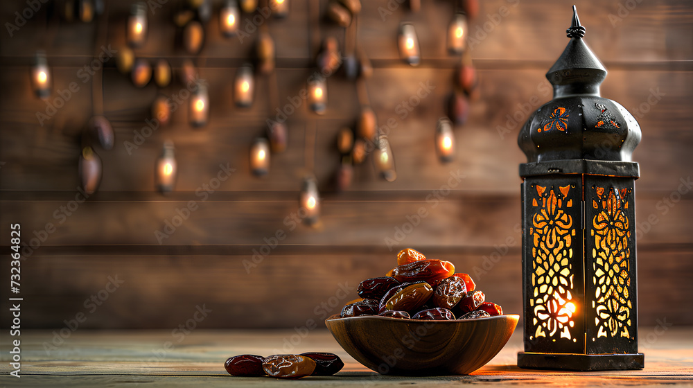 Ramadan concept. Dates close-up in the foreground. Ramadan Lanterns and a bowl of date on a wooden table. wall background
