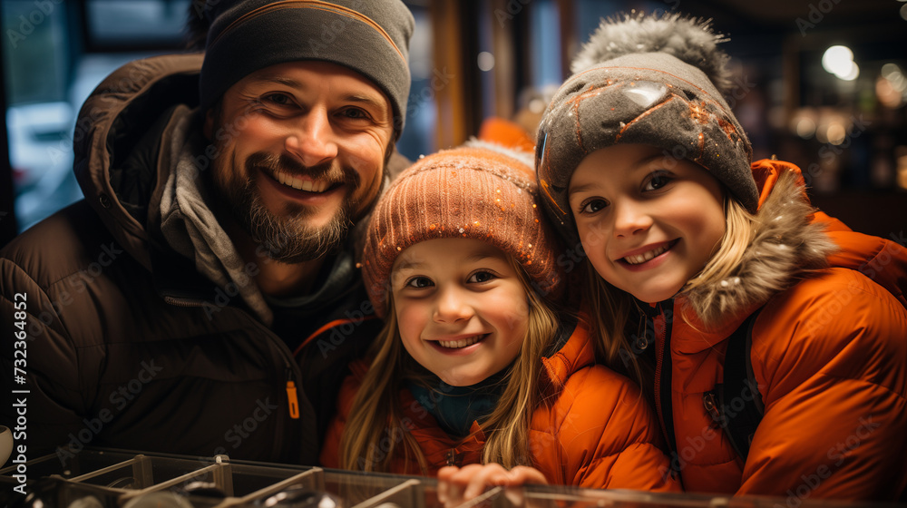 Une famille excitée part au ski, riant ensemble, créant des souvenirs inoubliables sur les pentes enneigées et autour d'une chaleureuse cheminée.