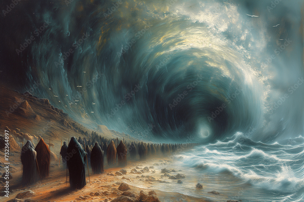 Exodus of the bible, Moses splits the red sea and crosses with the Israelites the water, escape from the Egyptians
 - obrazy, fototapety, plakaty 