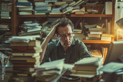 Overwhelmed by knowledge, a man stands among towering books in his study, contemplating the weight of his intellect