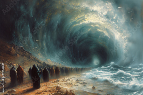 Exodus of the bible, Moses splits the red sea and crosses with the Israelites the water, escape from the Egyptians
 photo