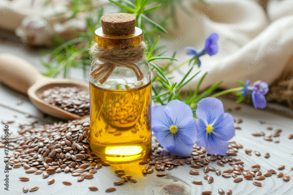 Flaxseed oil bottle with seeds and blue flowers on wooden background. Flaxseed oil bottle with seeds and blue flowers on wooden background.