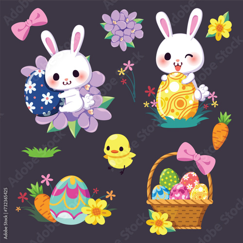 Little bunny hugs an Easter egg, Cute cartoon illustration of kids, character cartoon, Vector illustration.