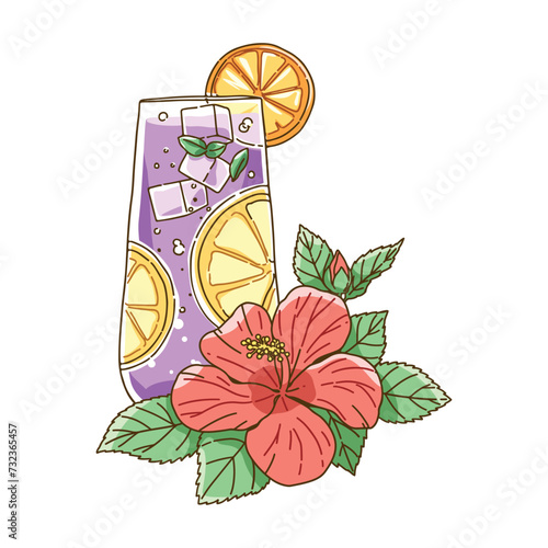 Tropical drink and hibiscus flower illustration, Cartoon summer cold drink on white background, Vector illustration.