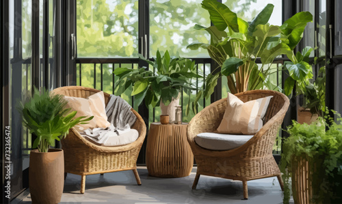 Rattan garden furniture on the balcony, terrace or roof with pots of house plants. Modern cozy eco-style home interior with greenery, tables and chairs.
