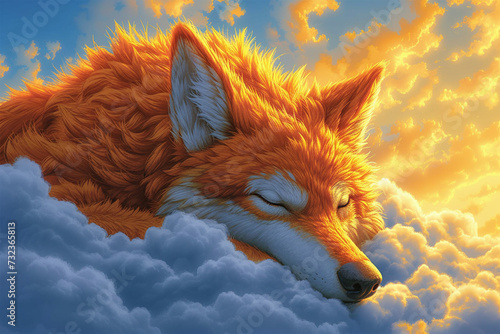 stail cartoon wolf sleeping in the clouds