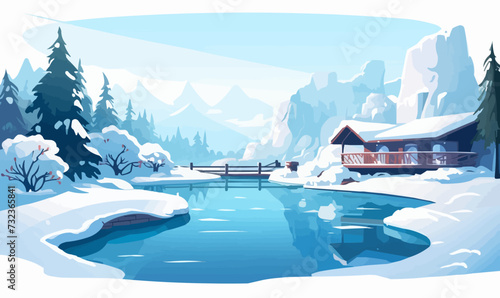 Thermal Hot Springs in Winter vector flat isolated vector style illustration -