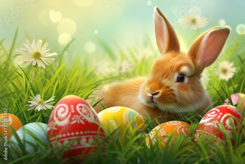 Happy Easter Eggs Basket tulips. Bunny in flower easter gap decoration Garden. Cute hare 3d cheery easter rabbit spring illustration. Holy week orange liqueur card wallpaper font