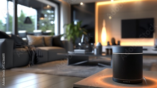 Modern living room with smart speakers and thermostat all connected and controlled through a single device, Smart Home and automation concept.