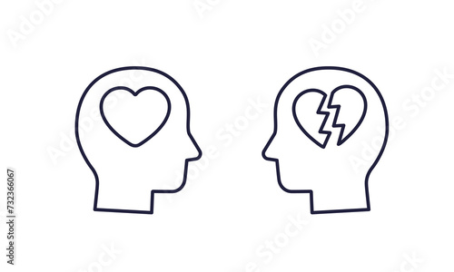 Head and heart, heartbreak line icons