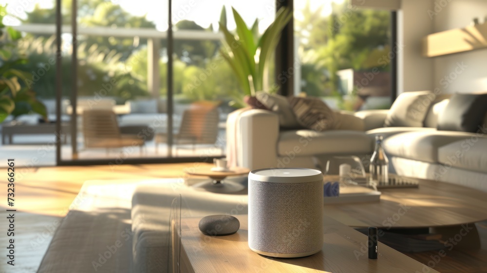 Modern living room with smart speakers and thermostat all connected and controlled through a single device, Smart Home and automation concept. Modern living room with smart speakers and thermostat all connected and controlled through a single device, Smart Home and automation concept.