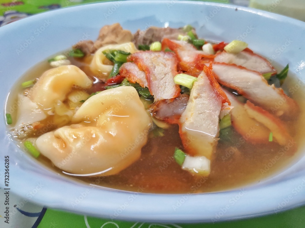 Thai food, Thai street food, noodles with pork and dumplings with pork. Thai food, Thai street food, noodles with pork and dumplings with pork.