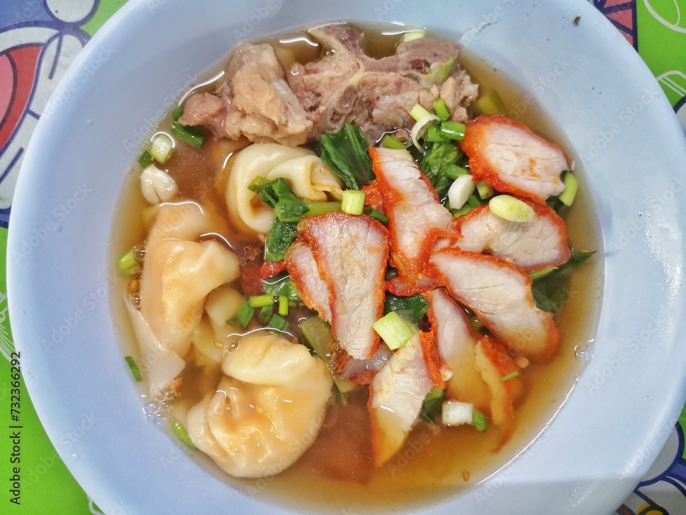 Thai food, Thai street food, noodles with pork and dumplings with pork. Thai food, Thai street food, noodles with pork and dumplings with pork.