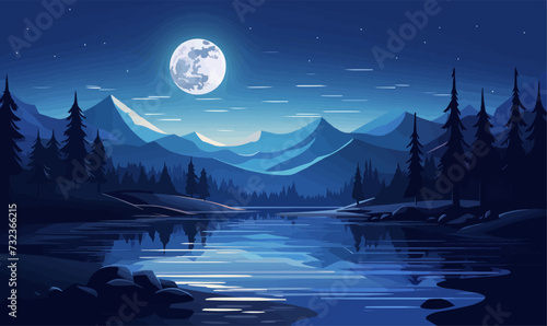 tranquil moonlit lake vector simple 3d smooth cut isolated illustration photo