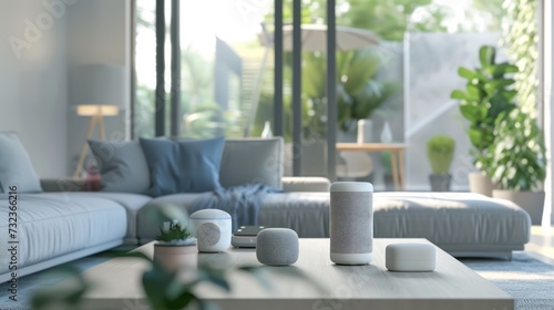 Modern living room with smart speakers and thermostat all connected and controlled through a single device, Smart Home and automation concept.