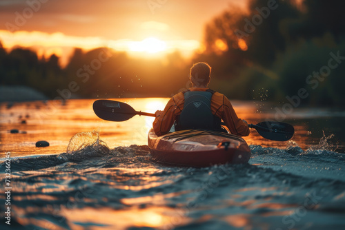 Person kayaking in a river at sunset with golden light reflecting on the water. © MyPixelArtStudios
