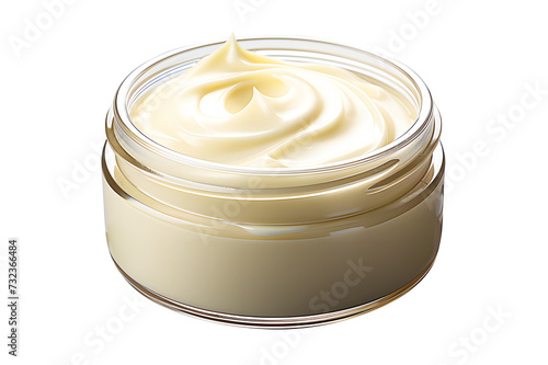 Hygienic white color paint face cream in jar moisturizer smear. isolated on cut out PNG or transparent background. Makeup realistic cosmetics for women. Beauty facial cosmetic product texture.	