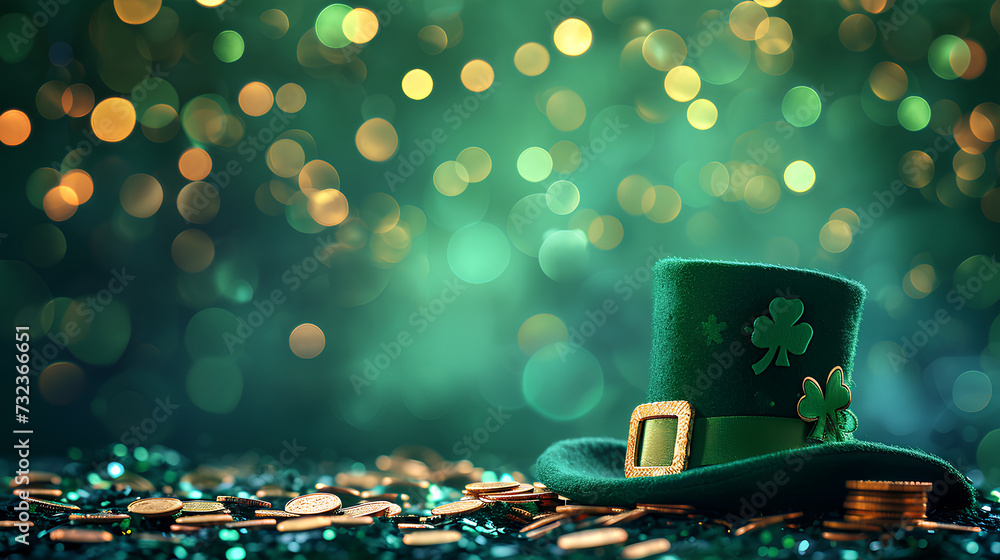 St Patrick's Day Concept. Styled with a green leprechaun hat and gold coins party lights background - obrazy, fototapety, plakaty 