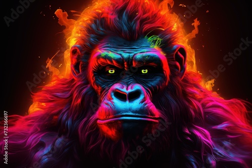 Funky Neon monkey portrait. Cool face. Generate Ai