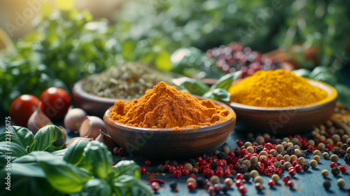 Assorted spices in bowls with tomatoes and basil leaves