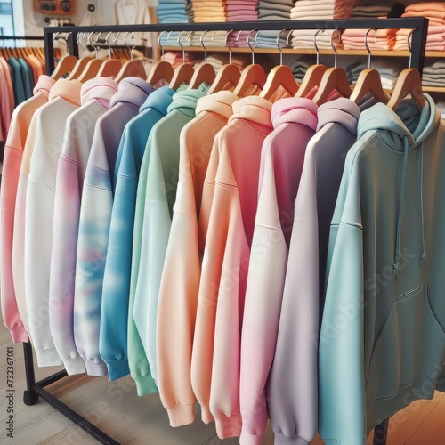  Colorful hoodies and sweatshirts hang on hangers in clothing store